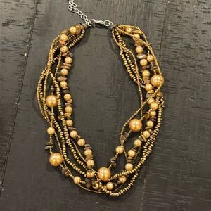 Multistrand Tigers Eye Chip Beaded Pearl Necklace Boho Western Statement​​​​